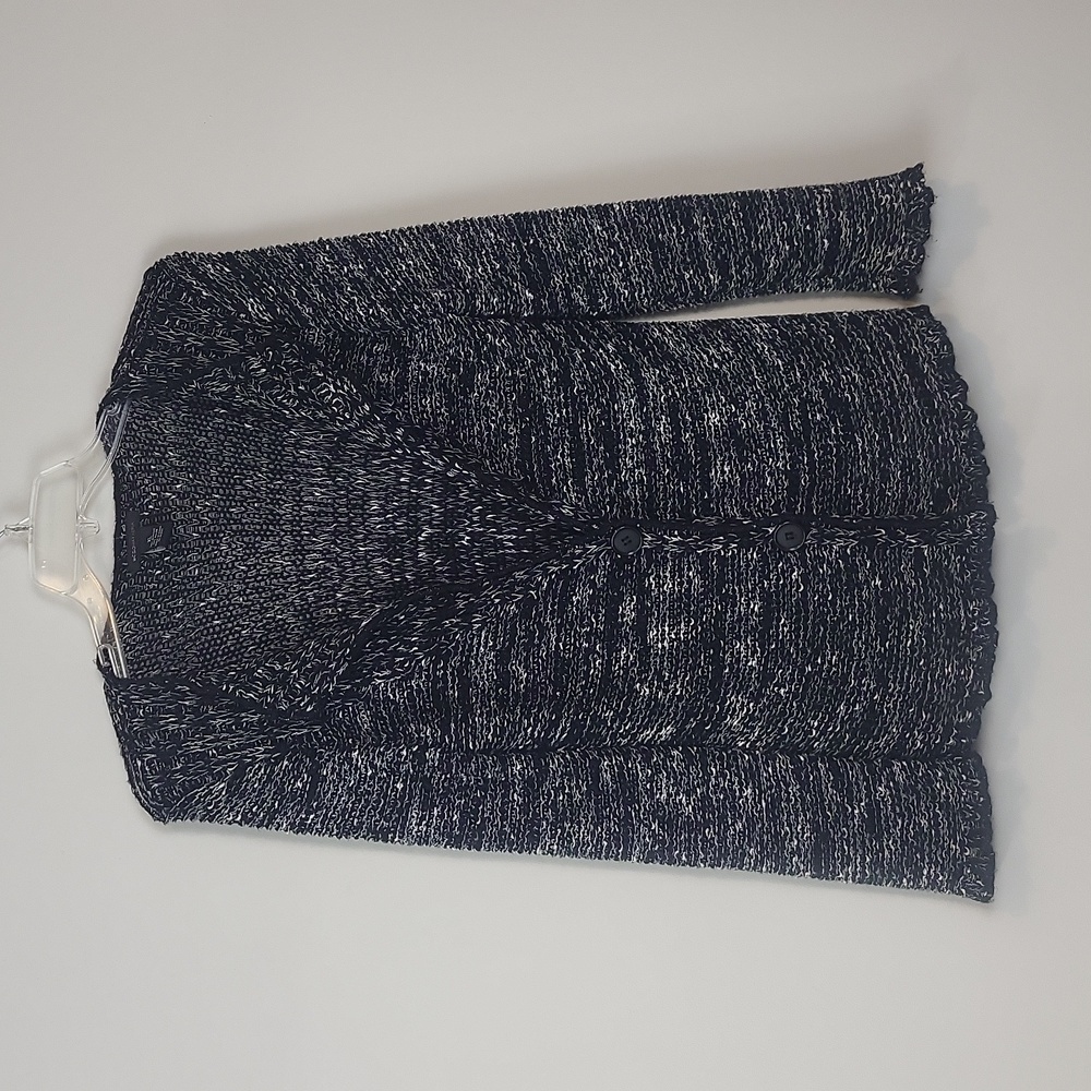 BCBGMAXAZRIA Black White Open Knit Blazer Style Button Closure Cardigan Sweater